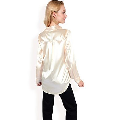 Women's Satin Button-Up Blouse with Collared Neck and Long Sleeves