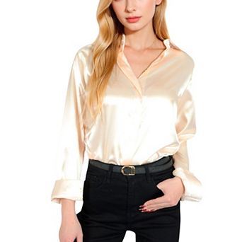 Women's Satin Pullover Top with Point Collar and Long Sleeves