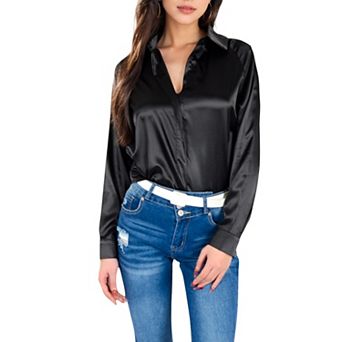 Women's Satin Pullover Top with Point Collar and Long Sleeves