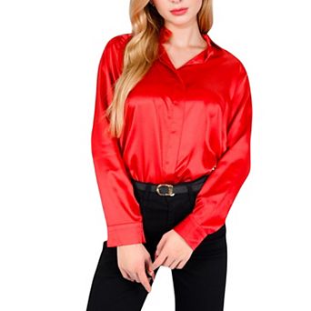 Women's Satin Pullover Top with Point Collar and Long Sleeves