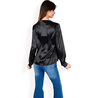 Women's Satin V-Neck Blouse with Long Sleeves
