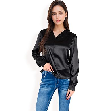 Women's Satin V-Neck Blouse with Long Sleeves