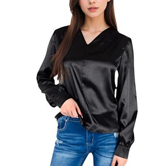 Women's Satin V-Neck Blouse with Long Sleeves