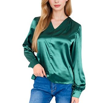 Women's Satin V-Neck Blouse with Long Sleeves