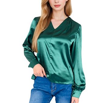 Women's Satin V-Neck Blouse with Long Sleeves