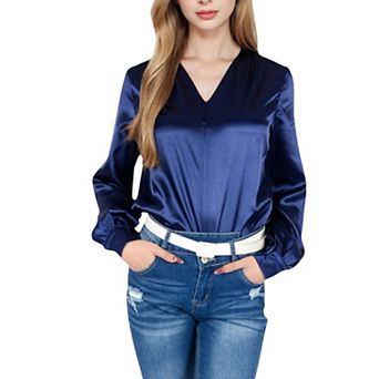 Women's Satin V-Neck Blouse with Long Sleeves