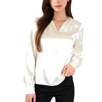 Women's Satin V-Neck Blouse with Long Sleeves
