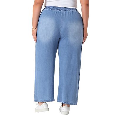Women's Plus Size Drawstring Elastic Waist Wide Leg Chambray Palazzo Pants with Pockets
