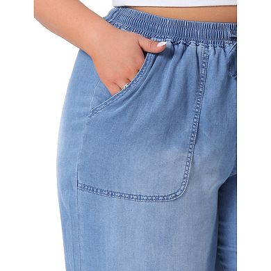 Women's Plus Size Drawstring Elastic Waist Wide Leg Chambray Palazzo Pants with Pockets