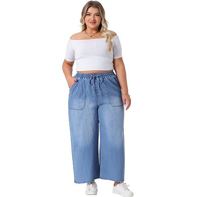 Women's Plus Size Drawstring Elastic Waist Wide Leg Chambray Palazzo Pants with Pockets