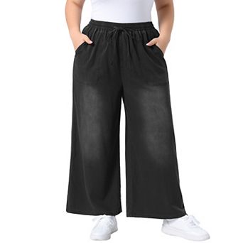 Women's Plus Size Drawstring Elastic Waist Wide Leg Chambray Palazzo Pants with Pockets