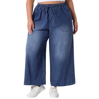 Women's Plus Size Drawstring Elastic Waist Wide Leg Chambray Palazzo Pants with Pockets