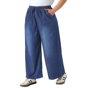 Women's Plus Size Drawstring Elastic Waist Wide Leg Chambray Palazzo Pants with Pockets