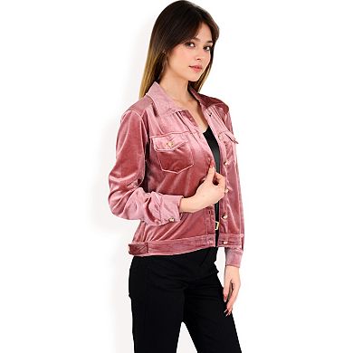 Women's Button-Up Velvet Jacket with Chest Pockets