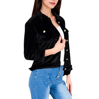 Women's Button-Up Velvet Jacket with Chest Pockets