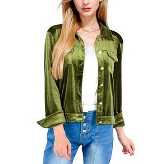 Women's Button-Up Velvet Jacket with Chest Pockets