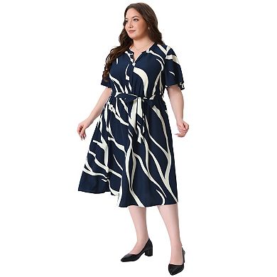 Plus Size Dress for Women Short Sleeve Notched V Neck Tie Knot Business Work Dresses with Pockets