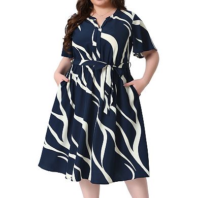 Plus Size Dress for Women Short Sleeve Notched V Neck Tie Knot Business Work Dresses with Pockets