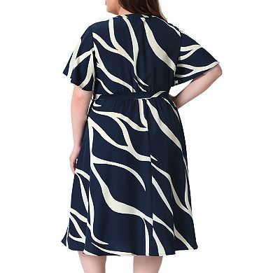 Plus Size Dress for Women Short Sleeve Notched V Neck Tie Knot Business Work Dresses with Pockets