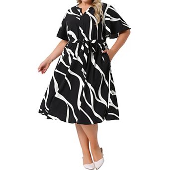Plus Size Dress for Women Short Sleeve Notched V Neck Tie Knot Business Work Dresses with Pockets