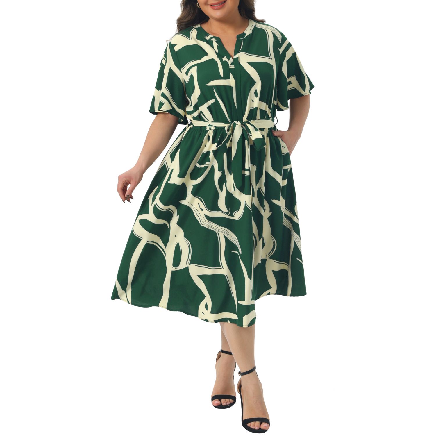 Женские платья Plus Size Dress for Women Short Sleeve Notched V Neck Tie Knot Business Work Dresses with Pockets
