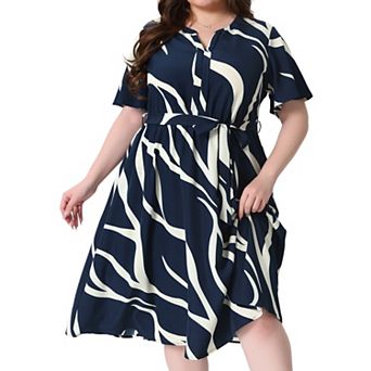 Plus Size Dress for Women Short Sleeve Notched V Neck Tie Knot Business Work Dresses with Pockets