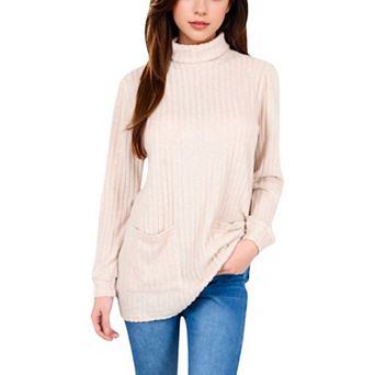 Women's Mock Neck Long Sleeve Ribbed Knit Tunic with Front Pockets