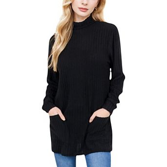 Women's Mock Neck Long Sleeve Ribbed Knit Tunic with Front Pockets