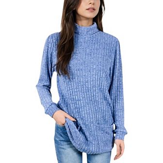 Women's Mock Neck Long Sleeve Ribbed Knit Tunic with Front Pockets