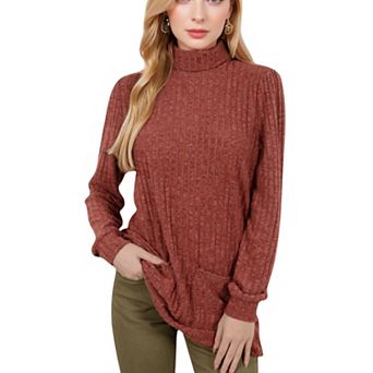 Women's Mock Neck Long Sleeve Ribbed Knit Tunic with Front Pockets