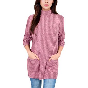 Women's Mock Neck Long Sleeve Ribbed Knit Tunic with Front Pockets