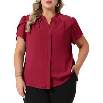 Plus Size Shirts for Women V Neck Petal Sleeve Button Down Business Work Dressy Chiffon Blouse Tops