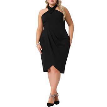 Plus Size Cocktail Dresses for Women Halter Neck Sleeveless Wrap Front Ruched Bodycon Party Dress