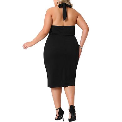 Plus Size Cocktail Dresses for Women Halter Neck Sleeveless Wrap Front Ruched Bodycon Party Dress