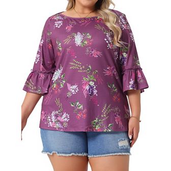 Plus Size Tops for Women Boat Neck 3/4 Ruffle Sleeve Dressy Casual Work Shirts Floral Blouses