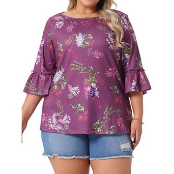 Plus Size Tops for Women Boat Neck 3/4 Ruffle Sleeve Dressy Casual Work Shirts Floral Blouses