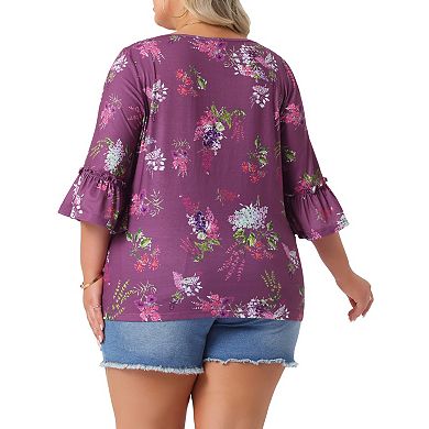 Plus Size Tops for Women Boat Neck 3/4 Ruffle Sleeve Dressy Casual Work Shirts Floral Blouses