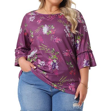 Plus Size Tops for Women Boat Neck 3/4 Ruffle Sleeve Dressy Casual Work Shirts Floral Blouses