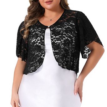 Plus Size Women's Bolero Shrugs Floral Lace Tops Elegant Sheer Open Front Short Sleeve Cardigans