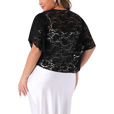 Plus Size Women's Bolero Shrugs Floral Lace Tops Elegant Sheer Open Front Short Sleeve Cardigans