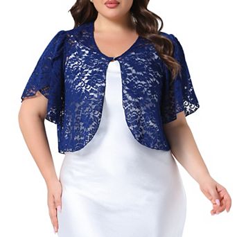 Plus Size Women's Bolero Shrugs Floral Lace Tops Elegant Sheer Open Front Short Sleeve Cardigans