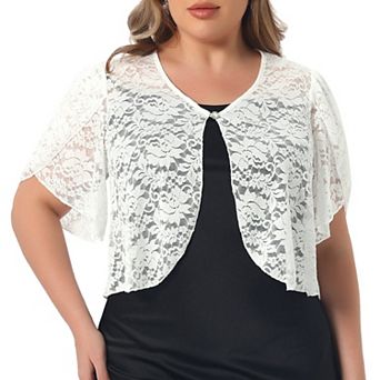 Plus Size Women's Bolero Shrugs Floral Lace Tops Elegant Sheer Open Front Short Sleeve Cardigans