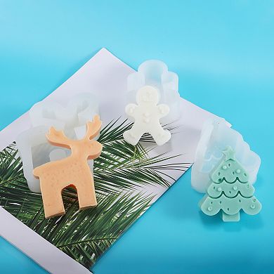 3pcs Elk Christmas Tree Gingerbread Man Candle Mould Silicone Candle Moulds 3D Candle Moulds White