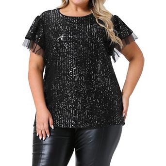 Plus Size Sequin Tops for Women Ruffle Short Sleeve Glitter Party Shirt Sparkle Club Night Blouse