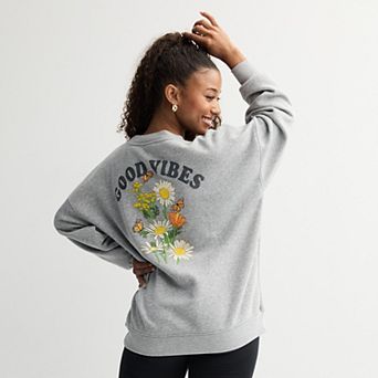 Juniors' Good Vibes Butterfly Flower Scene Graphic Pullover