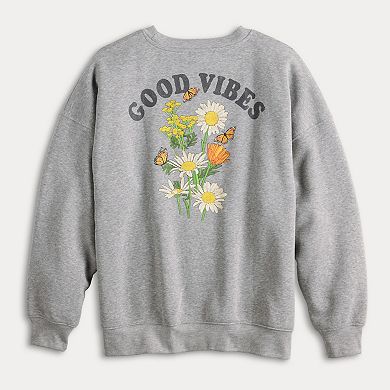 Juniors' Good Vibes Butterfly Flower Scene Graphic Pullover