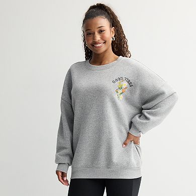 Juniors' Good Vibes Butterfly Flower Scene Graphic Pullover