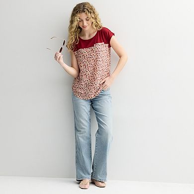 Juniors' Rewind Knit To Woven Short Sleeve Top