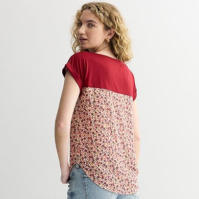 Juniors' Rewind Knit To Woven Short Sleeve Top