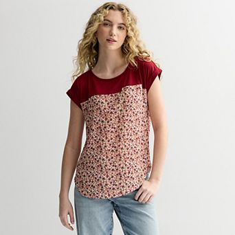 Juniors' Rewind Knit To Woven Short Sleeve Top